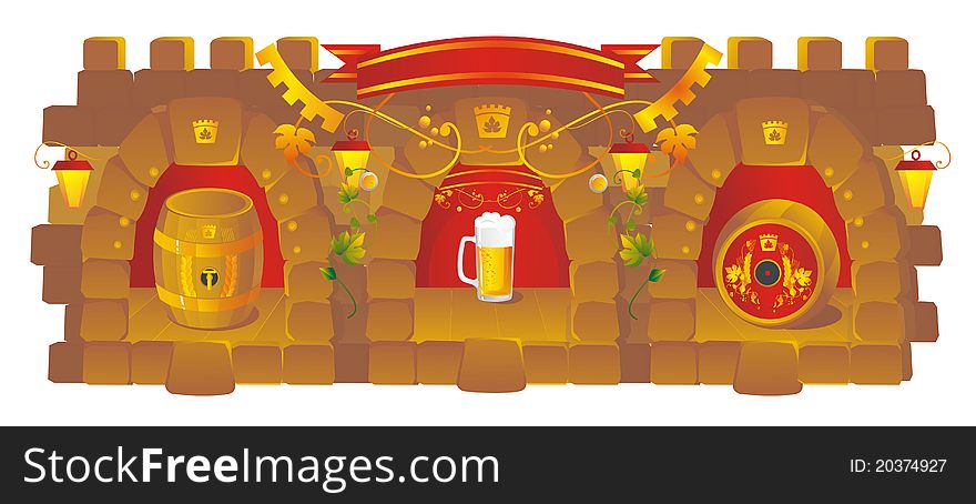 Arches in a stone wall with a beer mug and kegs