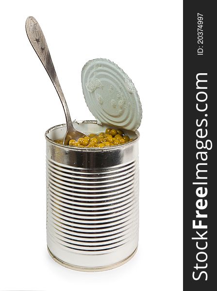 Open can with green peas isolated on a white background