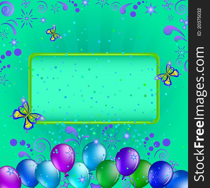 frame, coloured balloons and confetti on green background. frame, coloured balloons and confetti on green background