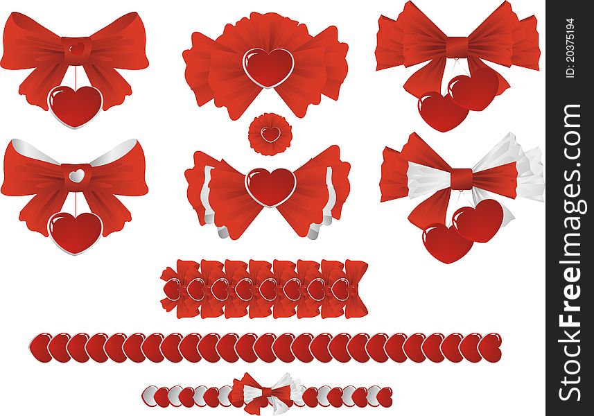 A set of red and silver ribbons with hearts for decoration. A set of red and silver ribbons with hearts for decoration