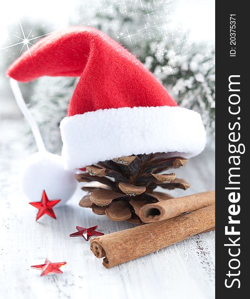 Pine cone with cap for christmas. Pine cone with cap for christmas