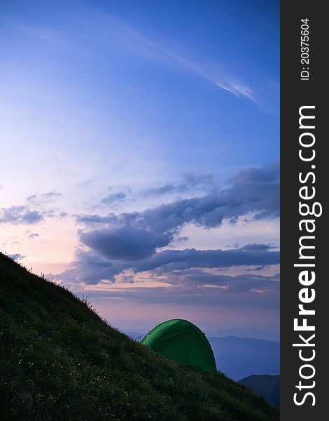 Camping tents in the mountains