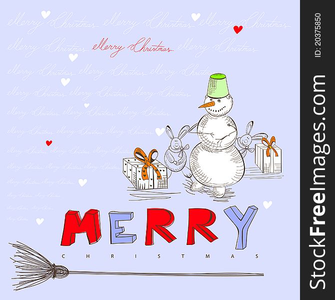 Christmas card happy snowman and rabbit
