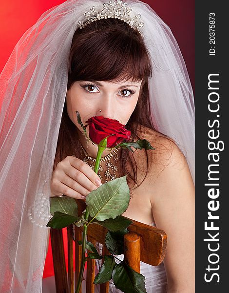 Studio portrait of a bride with veil, holding a red rose