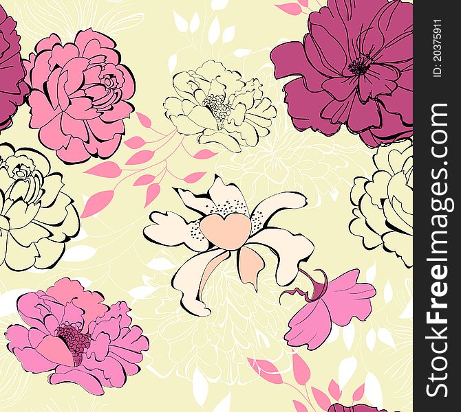 Decorative seamless wallpaper with summer flowers