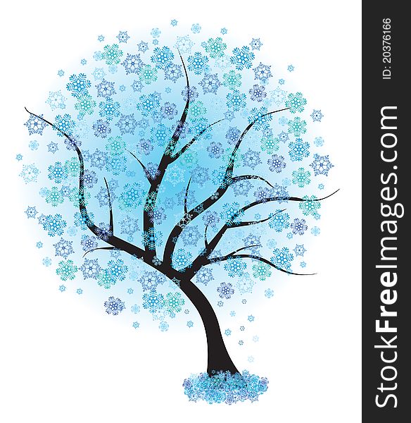 Frozen winter tree with blue snowflake. Vector illustration. Frozen winter tree with blue snowflake. Vector illustration.