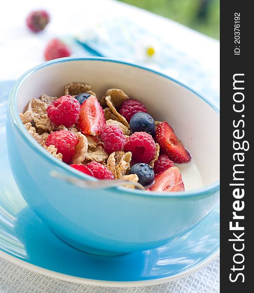 Oat flakes with berries and milk for breakfast. Selective focus
