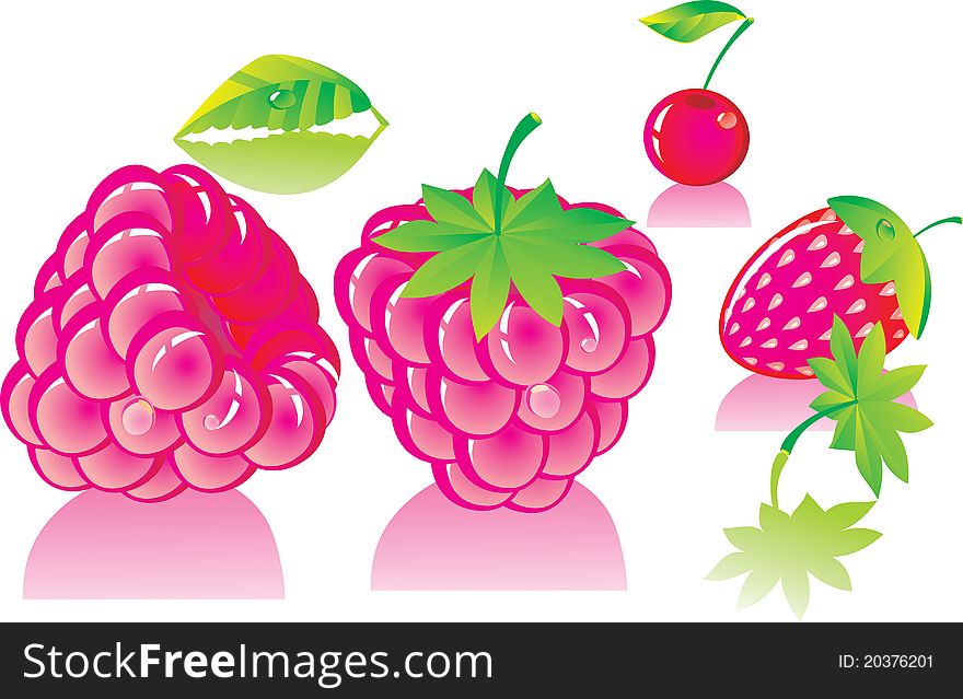 Pink ripe Garden berries: Raspberry, strawberry, cherry. Pink ripe Garden berries: Raspberry, strawberry, cherry