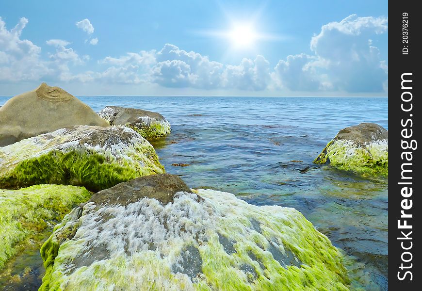 Stones into the sea on sunny sky background