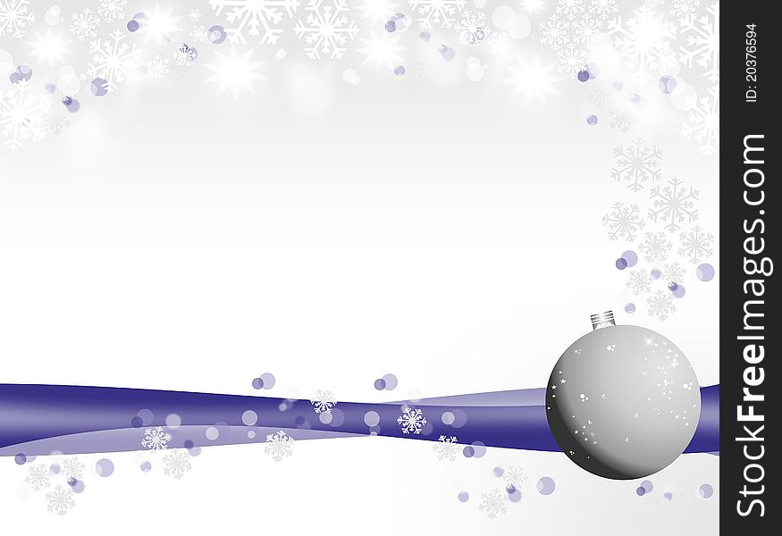 Christmas background with snow glitter, stars and silver and blue Christmas ball. Christmas background with snow glitter, stars and silver and blue Christmas ball
