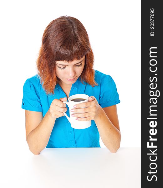 A Smiling Girl Is Drinking A Coffee