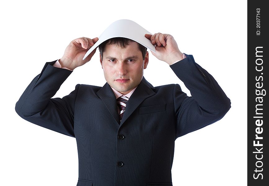 A Businessman Is Holding A Paper Above His Head