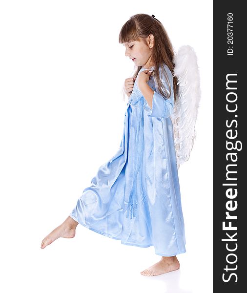 A small beautiful angel girl. Isolated on a white background