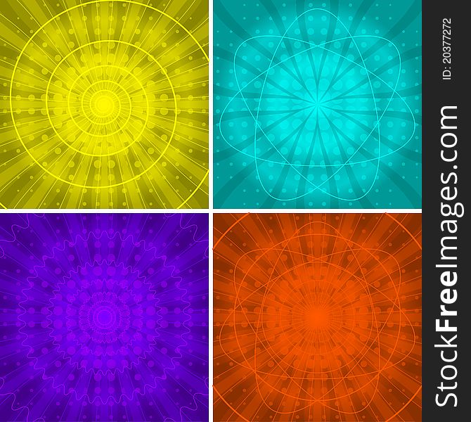 Set abstract color backgrounds with patterns of lines, curves and rays. Set abstract color backgrounds with patterns of lines, curves and rays