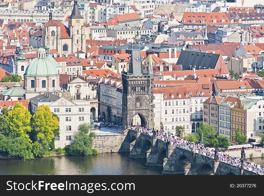 Charles Bridge crossing Vltava river as seen from the Castle of Prague. Charles Bridge crossing Vltava river as seen from the Castle of Prague