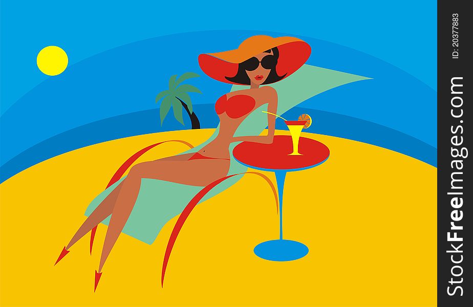 The young woman on a beach in a chaise lounge