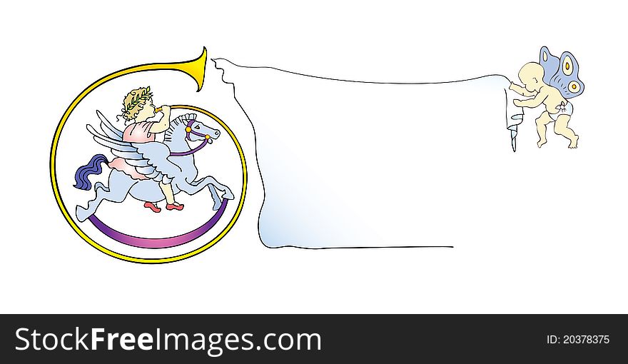 A little girl with a bugle riding a Pegasus hobby horse with a banner, to use for frame, announcement, invitation. A little girl with a bugle riding a Pegasus hobby horse with a banner, to use for frame, announcement, invitation