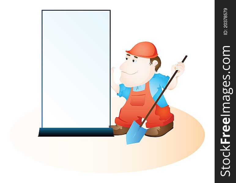 Cartoon worker standing near empty banner for your text.