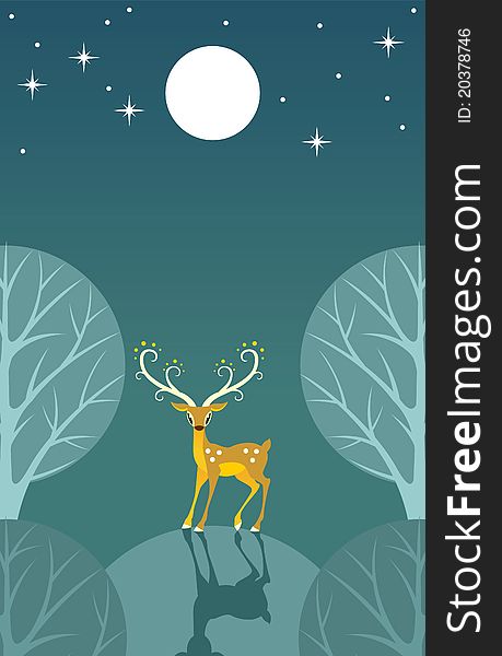 Stylized deer stands on a hill in the moonlight. Stylized deer stands on a hill in the moonlight