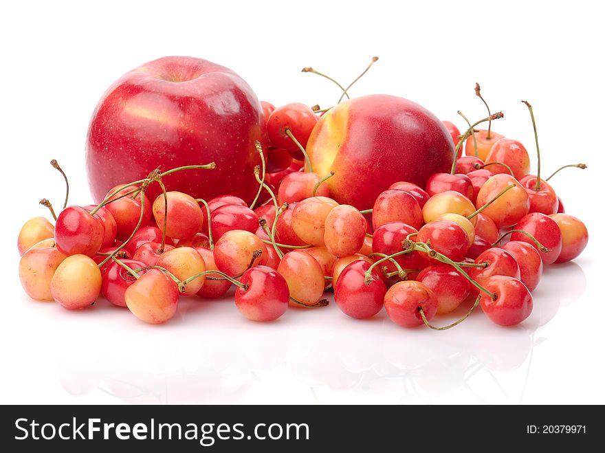 Ripe cherry, apple and nectarine isolated on white