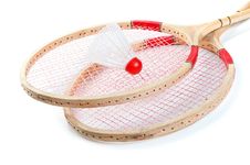 Old Badminton And Red Shuttlecock Royalty Free Stock Images