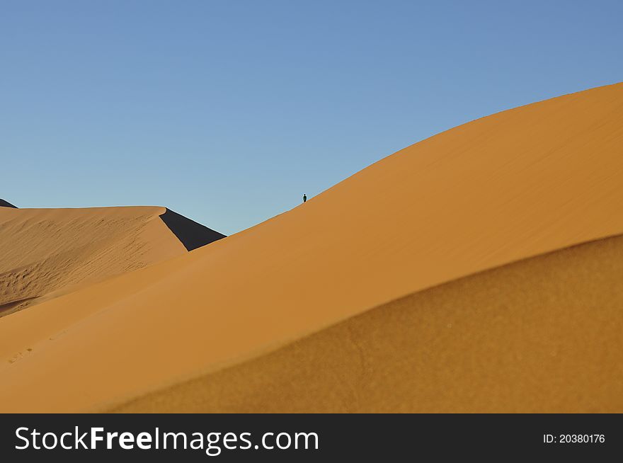 Lonely Man walking Golden Sand Dunes. Lonely Man walking Golden Sand Dunes