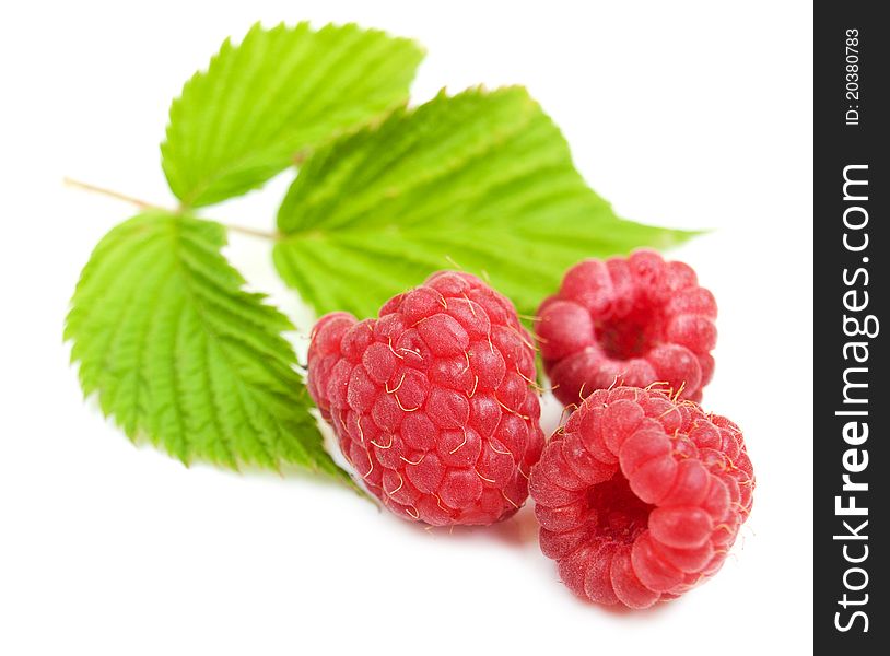Ripe raspberries on a white background