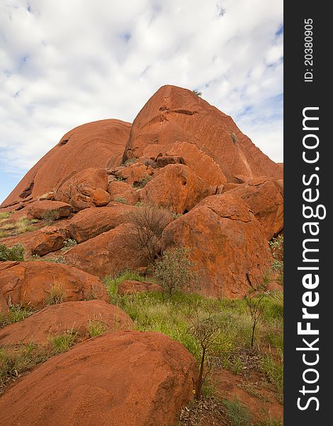 Red stone mountain with bushes and desert. Red stone mountain with bushes and desert