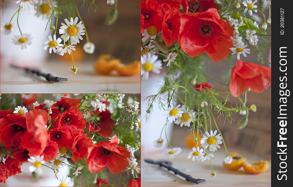 Bouquet from red poppy and camomiles