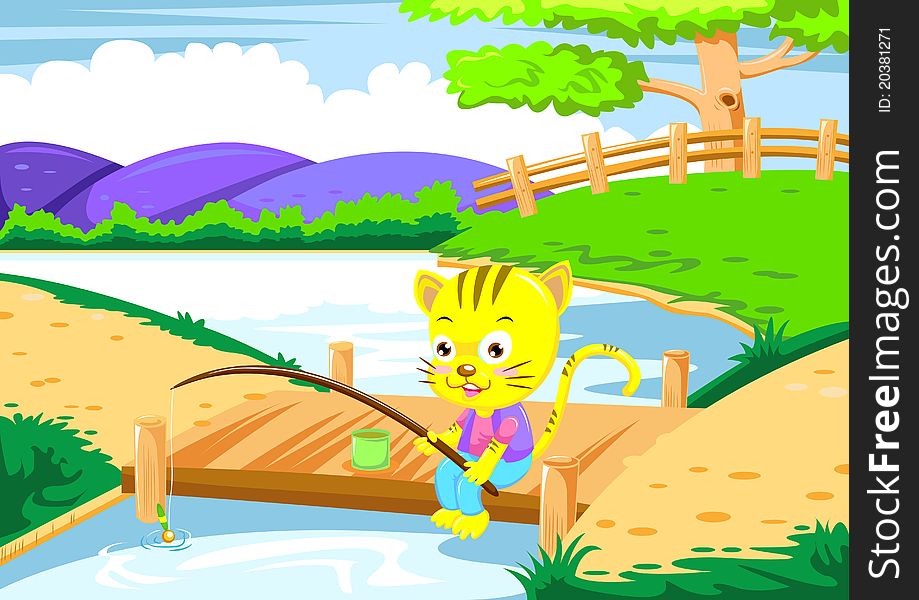 The cat fishing on bridge