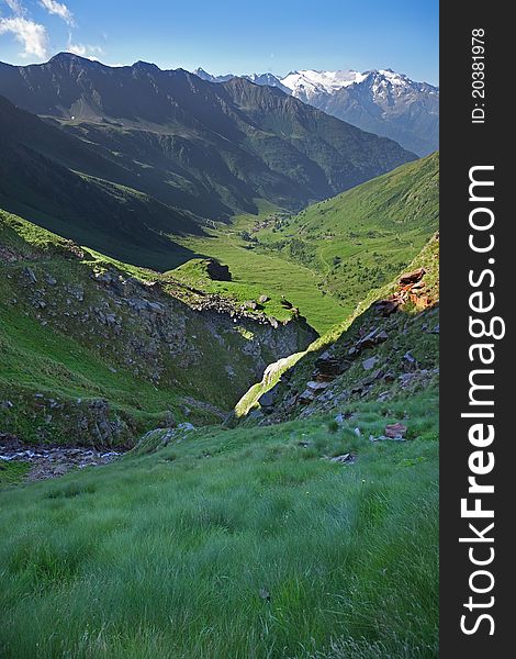 Green Valley. Panorama by the top of Viso Valley. Brixia province, Lombardy region, Italy