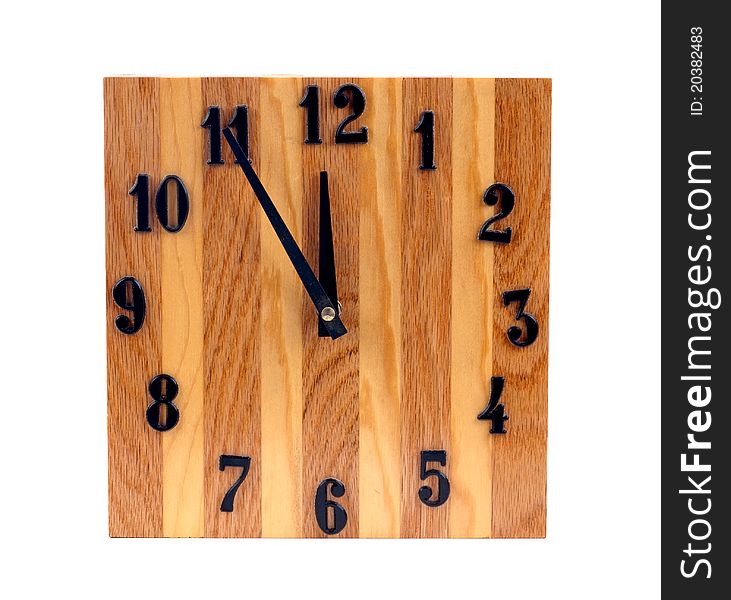 Classic square wall clock with wooden frame on white background