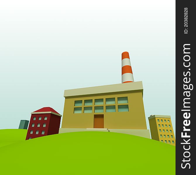 Cartoon town background with factory