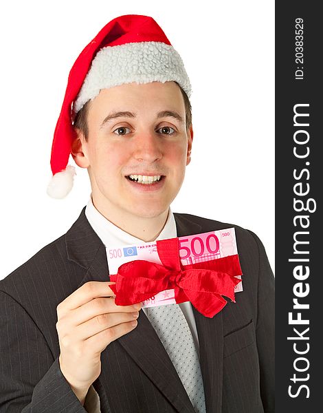 Caucasian businessman with chrismas hat isolated on white background