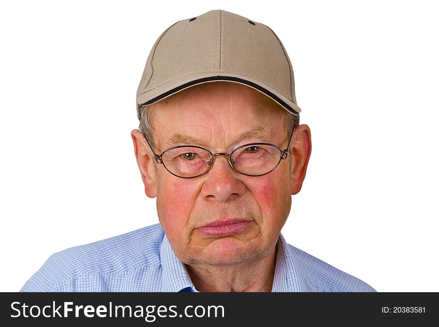 Male senior with cap isolated on white background.