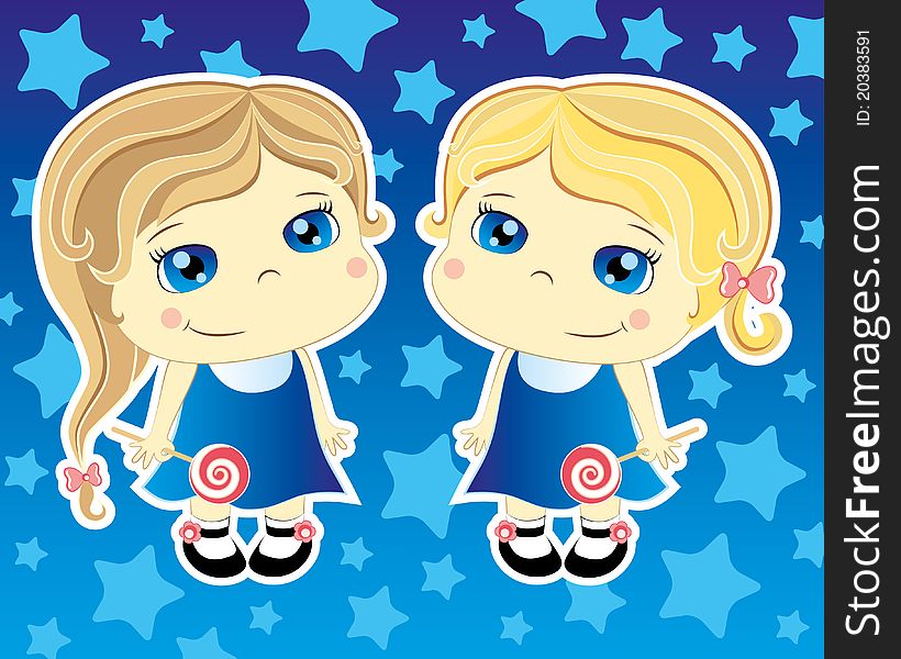 Two cartoon cute girls on blue background. Two cartoon cute girls on blue background