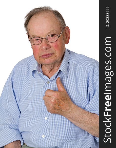 Male senior with thumb up  isolated on white background.