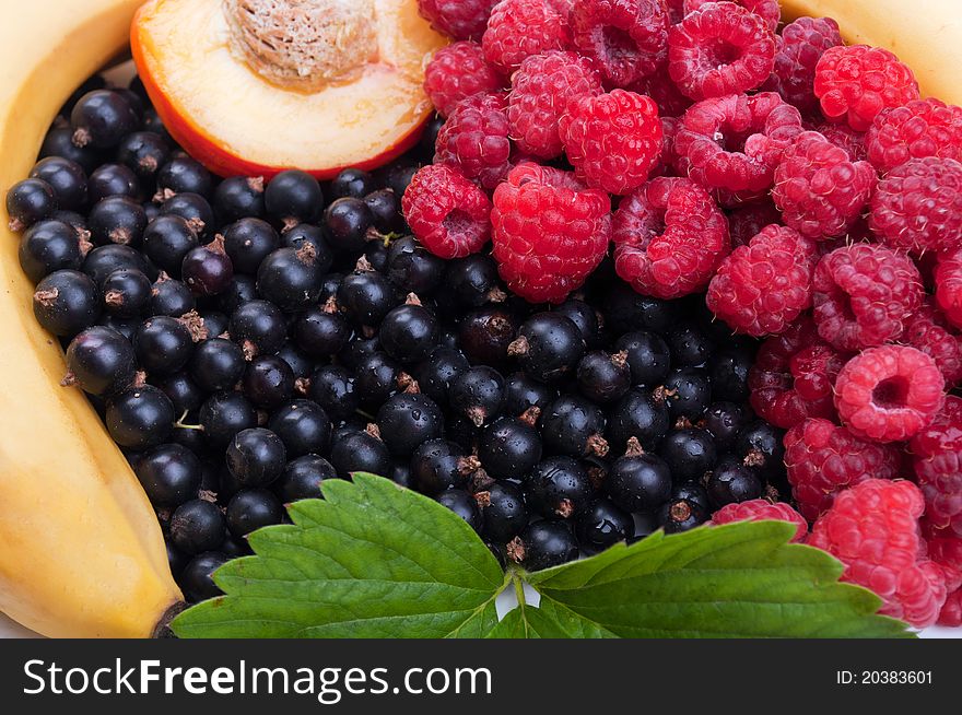 Fresh fruits and green leaf on a background