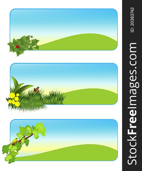 Set of three banners with hills, grass, flowers, leaves, bird, insects, vector format. Set of three banners with hills, grass, flowers, leaves, bird, insects, vector format