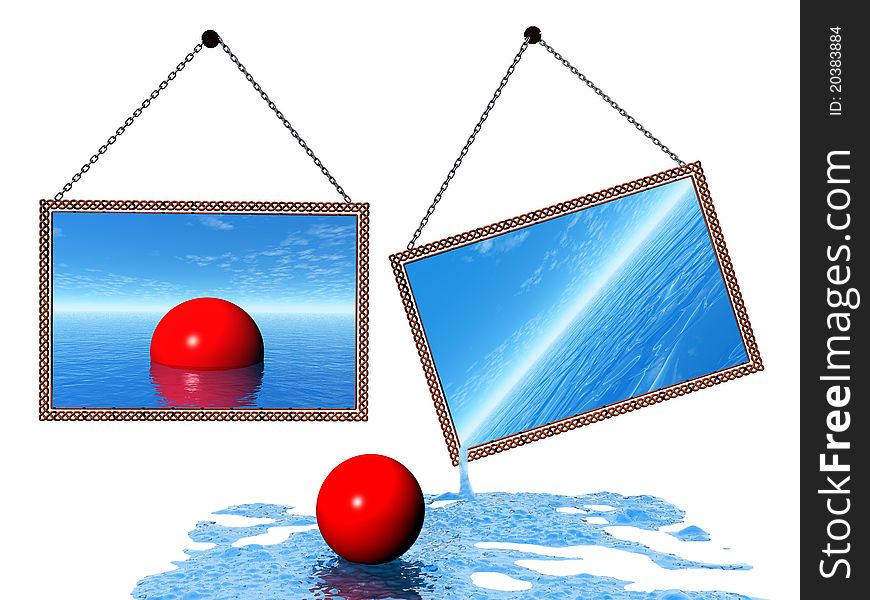 Frame and water,red balls,sky and sea,picture and sky