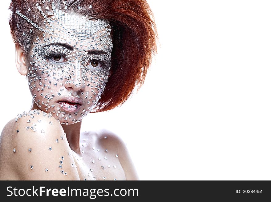 Beauty woman in futuristic makeup isolated over white background