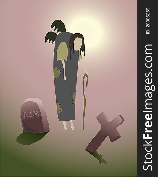 Cartoon illustration of gloomy angel and graves. Cartoon illustration of gloomy angel and graves