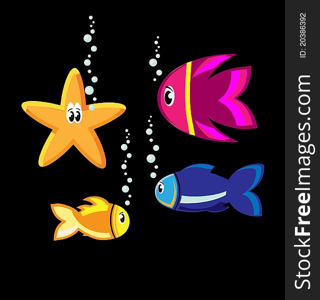 Color background with fish and see star. Color background with fish and see star