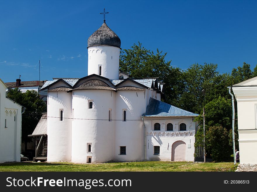 Church of Wives-mironosits, builts by merchant Dmitry Syrkovy in 1510. Yaroslav's Courtyard. Former Marketplace, Great Novgorod, Russia. The part of treasury of Ivan the Terrible was stored in church warehouses. Church of Wives-mironosits, builts by merchant Dmitry Syrkovy in 1510. Yaroslav's Courtyard. Former Marketplace, Great Novgorod, Russia. The part of treasury of Ivan the Terrible was stored in church warehouses