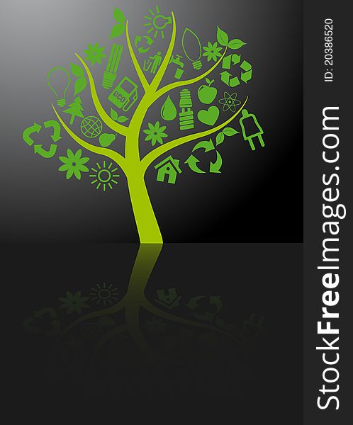 Illustration of tree with ecology symbols. Illustration of tree with ecology symbols