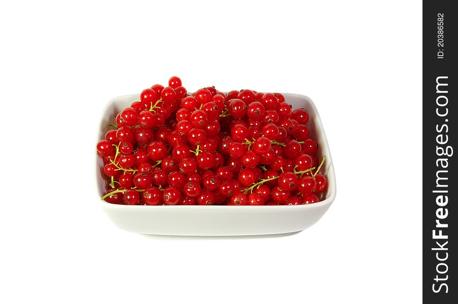 Fresh red currant berry in a plate at white background. Fresh red currant berry in a plate at white background