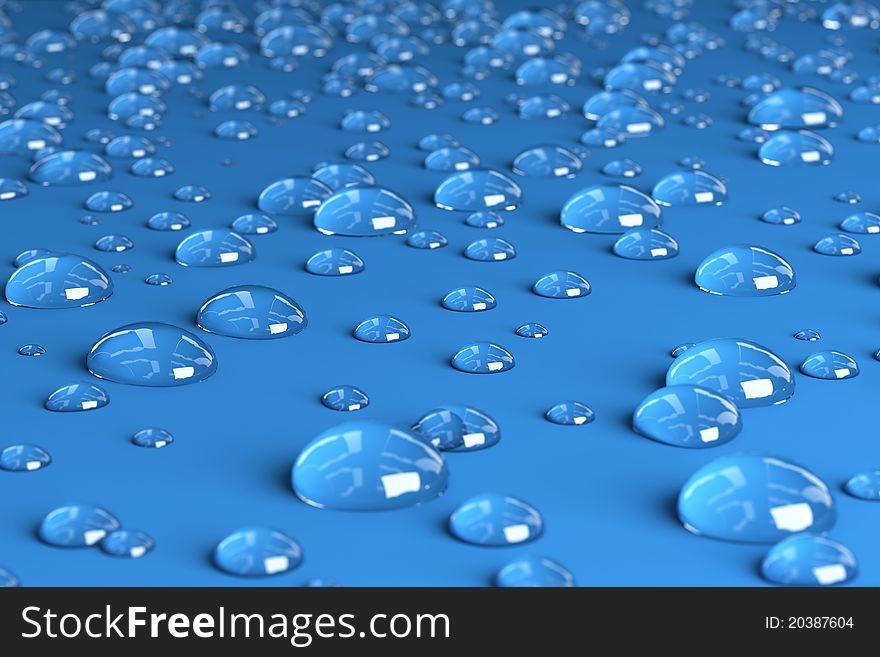 Very high resolution 3d rendering of water droplets on a blue plane.