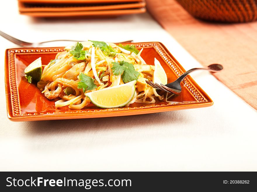 Tasty Pad Thai on a square plate