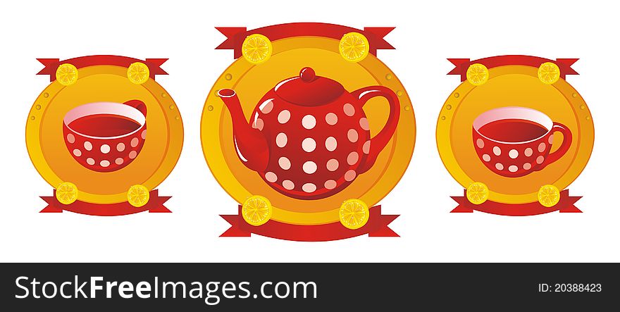 Red tea service: cup, teapot