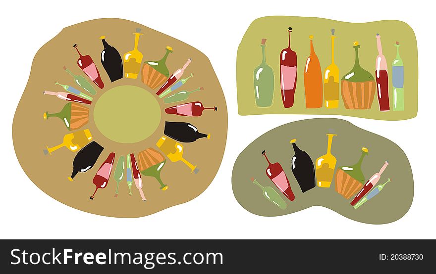 Illustration with colored wine bottles